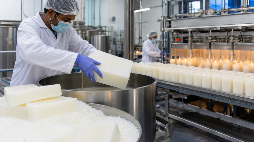 Semi-refined paraffin wax used in industrial candle manufacturing